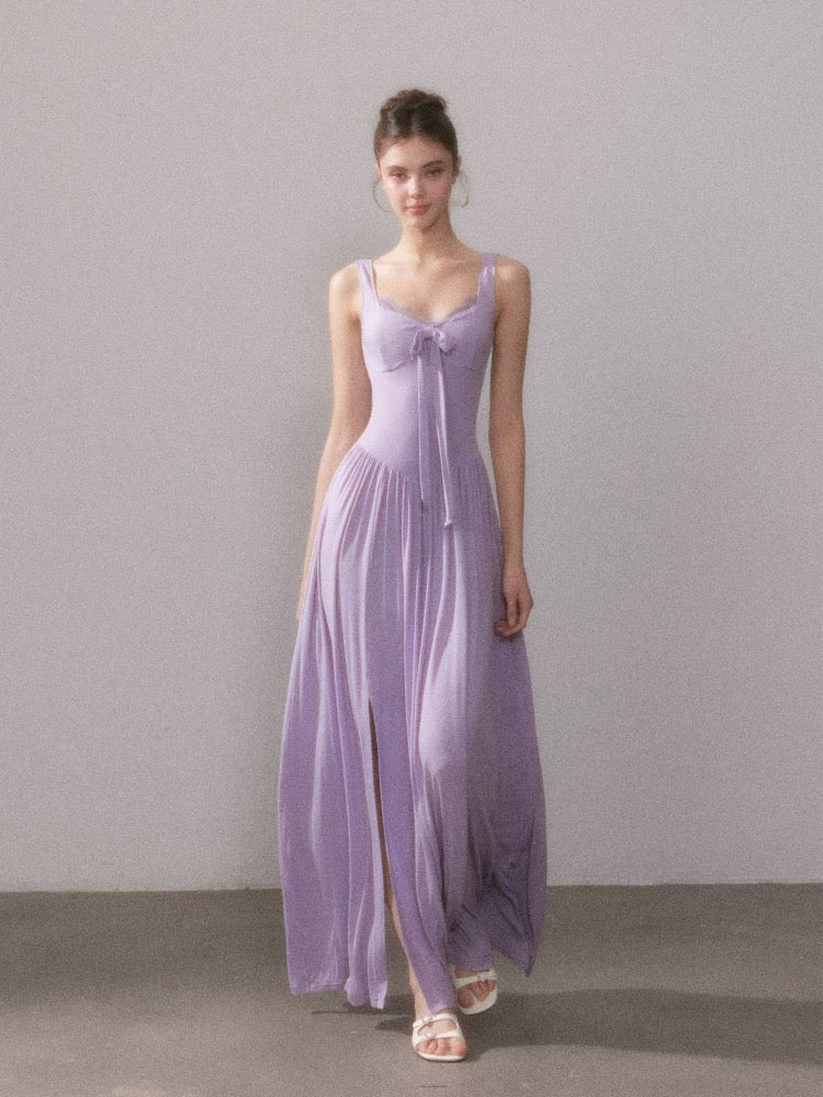 YZZI HE French style lace knitted camisole slit maxi dress