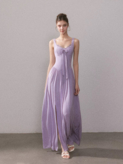 YZZI HE French style lace knitted camisole slit maxi dress