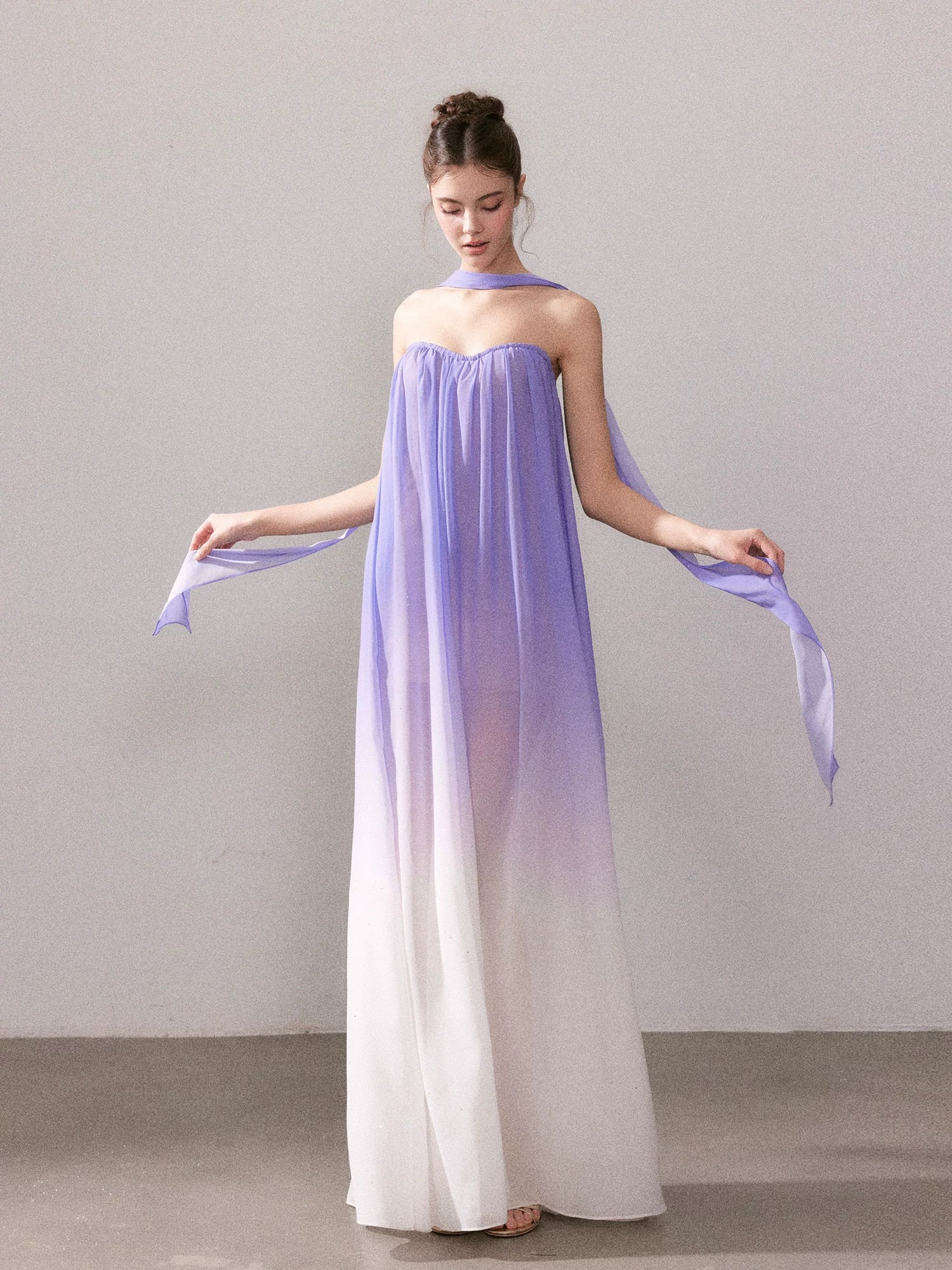 YZZI HE French romantic purple gradient strapless maxi dress