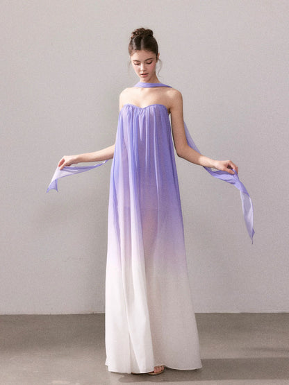 YZZI HE French romantic purple gradient strapless maxi dress