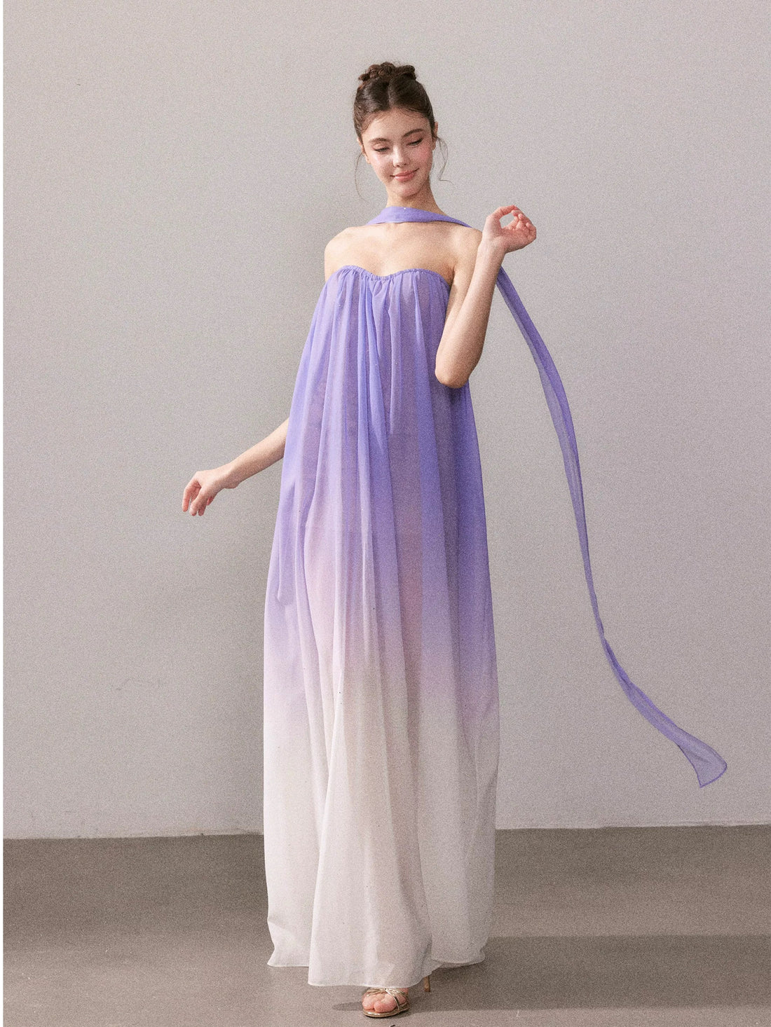 YZZI HE French romantic purple gradient strapless maxi dress