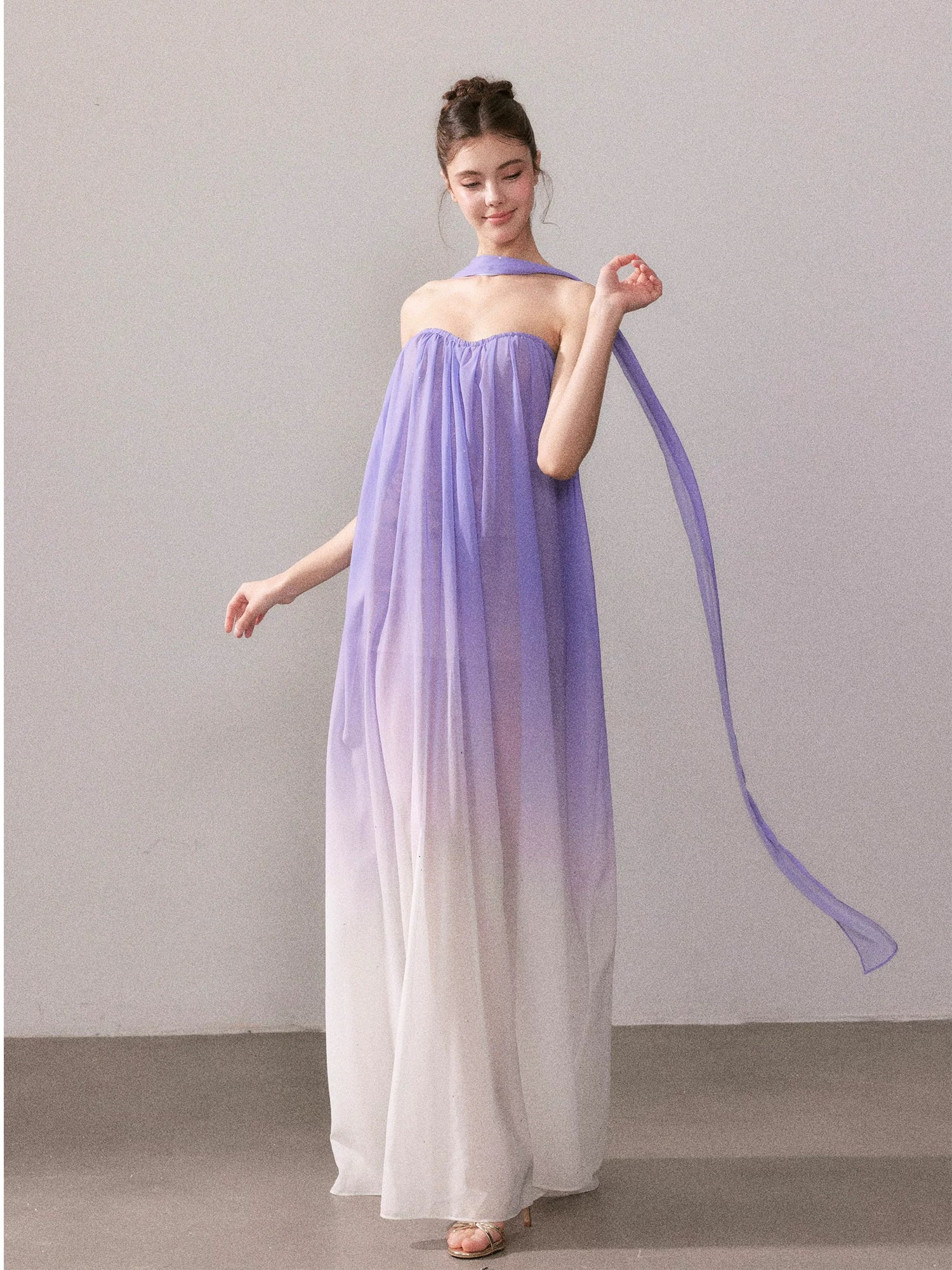 YZZI HE French romantic purple gradient strapless maxi dress