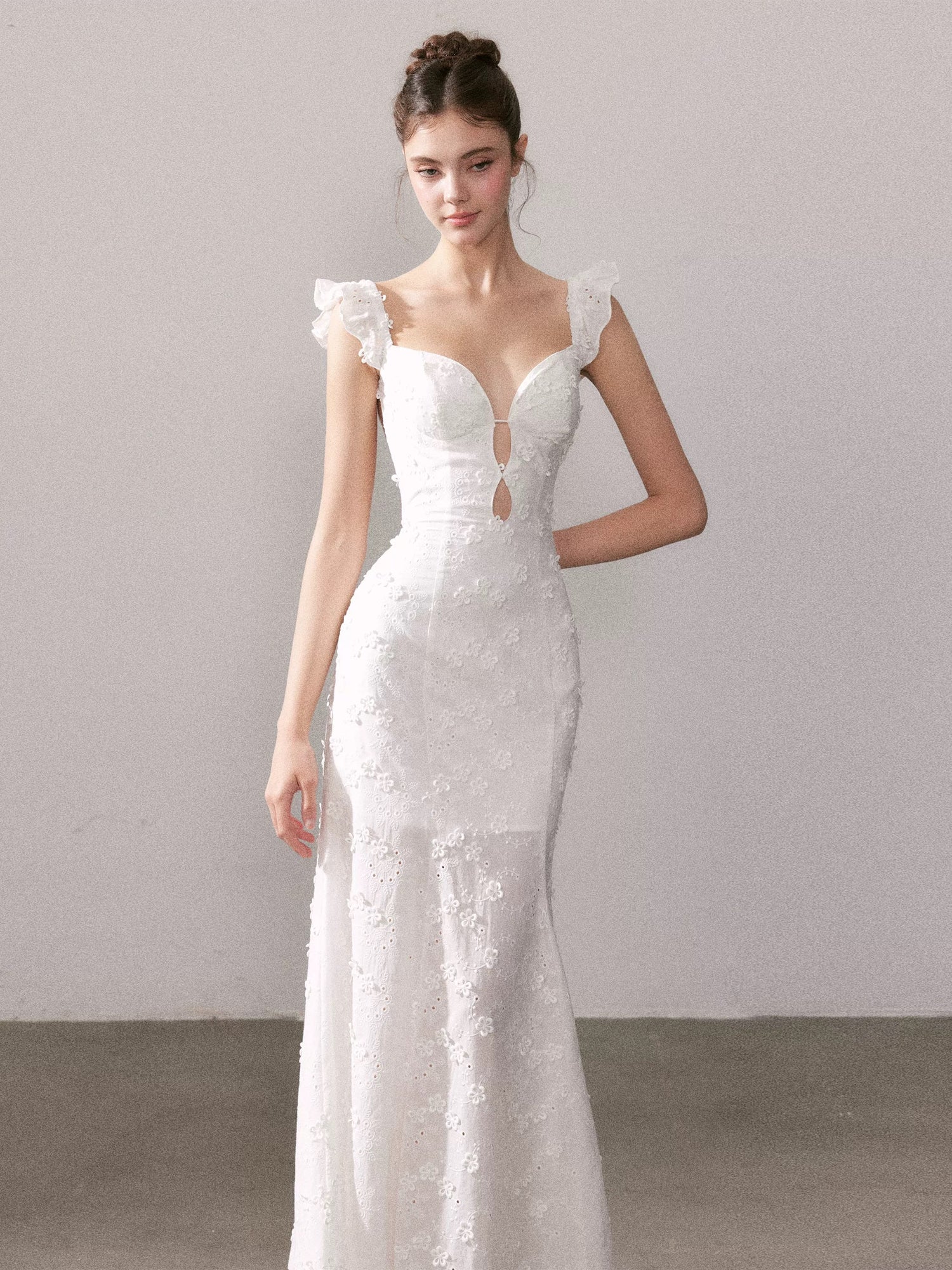 YZZI HE Cream white lace slim floral dress