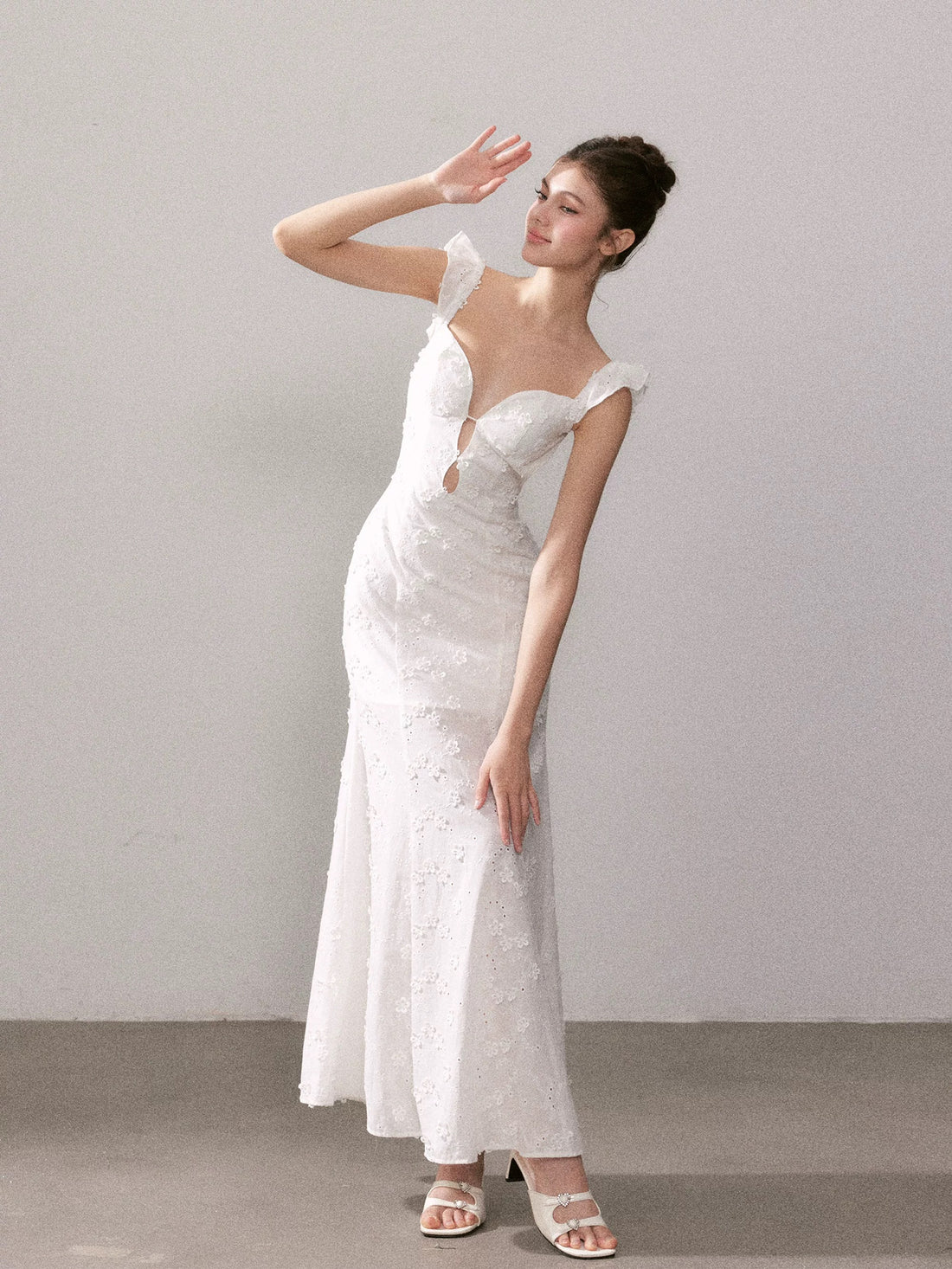 YZZI HE Cream white lace slim floral dress