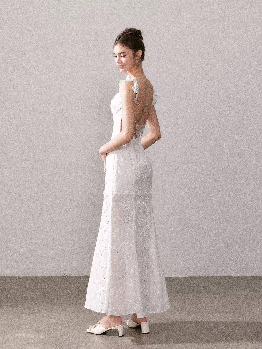 YZZI HE Cream white lace slim floral dress