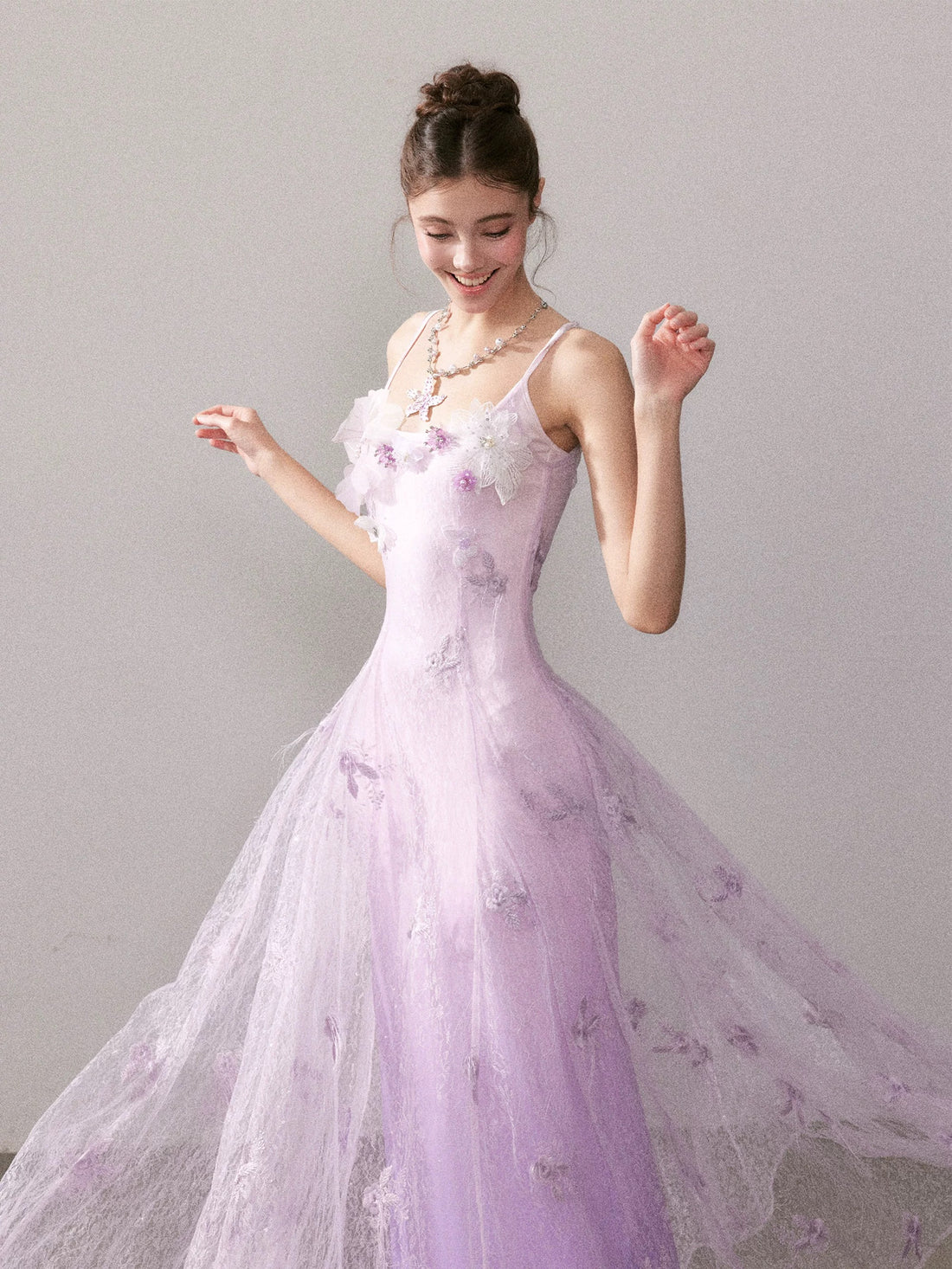 YZZI HE Light purple gradient embroidered lace maxi dress