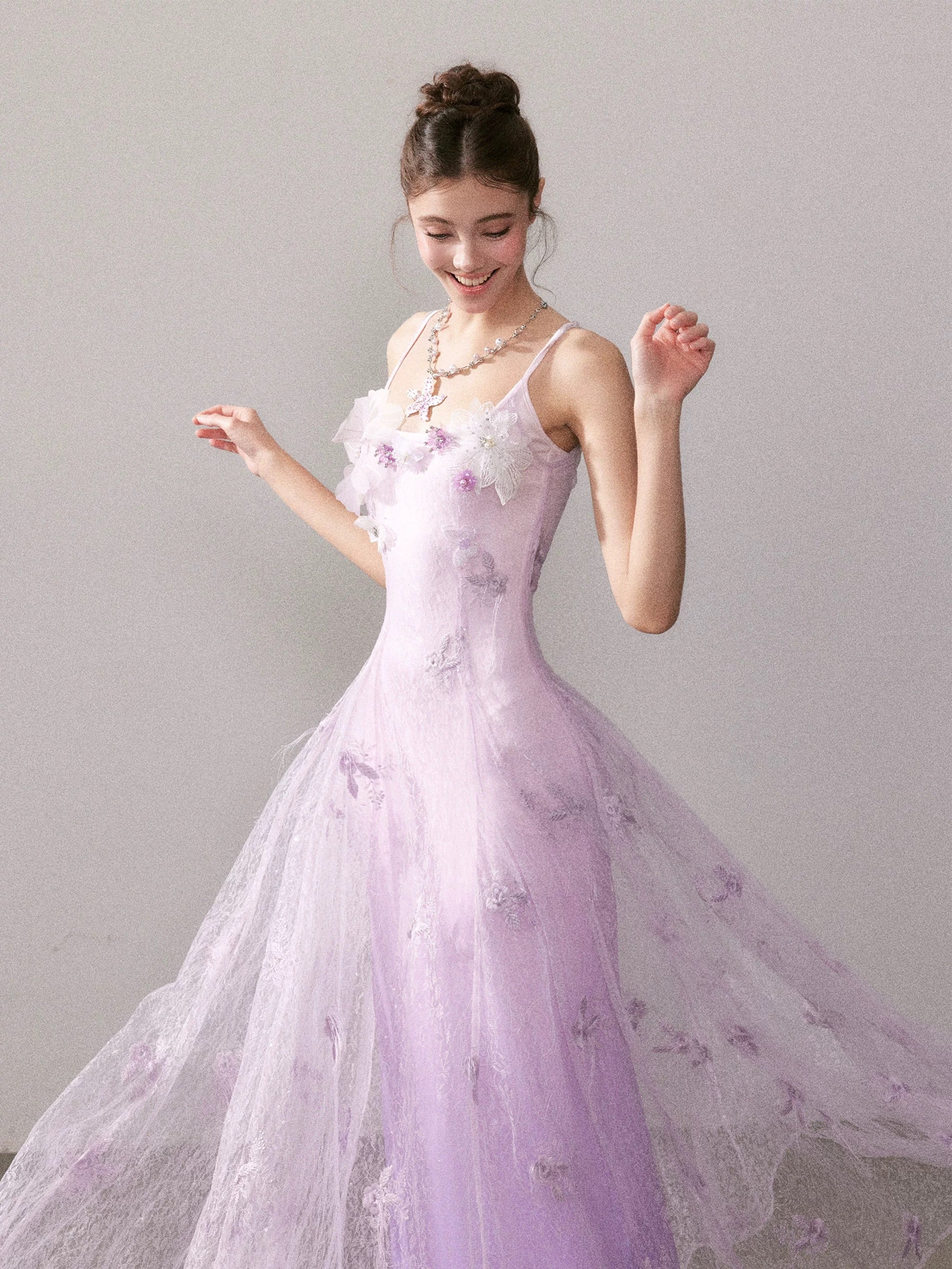YZZI HE Light purple gradient embroidered lace maxi dress