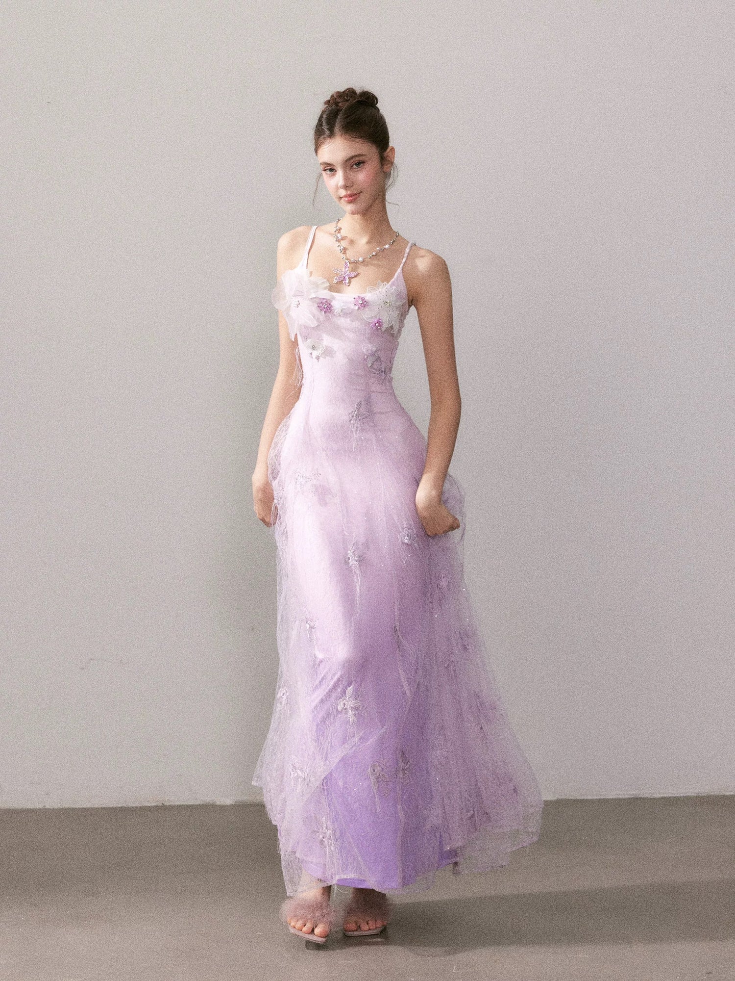 YZZI HE Light purple gradient embroidered lace maxi dress