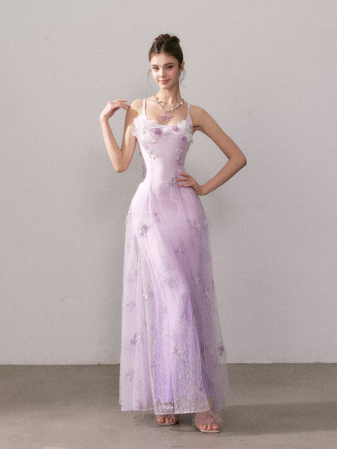YZZI HE Light purple gradient embroidered lace maxi dress