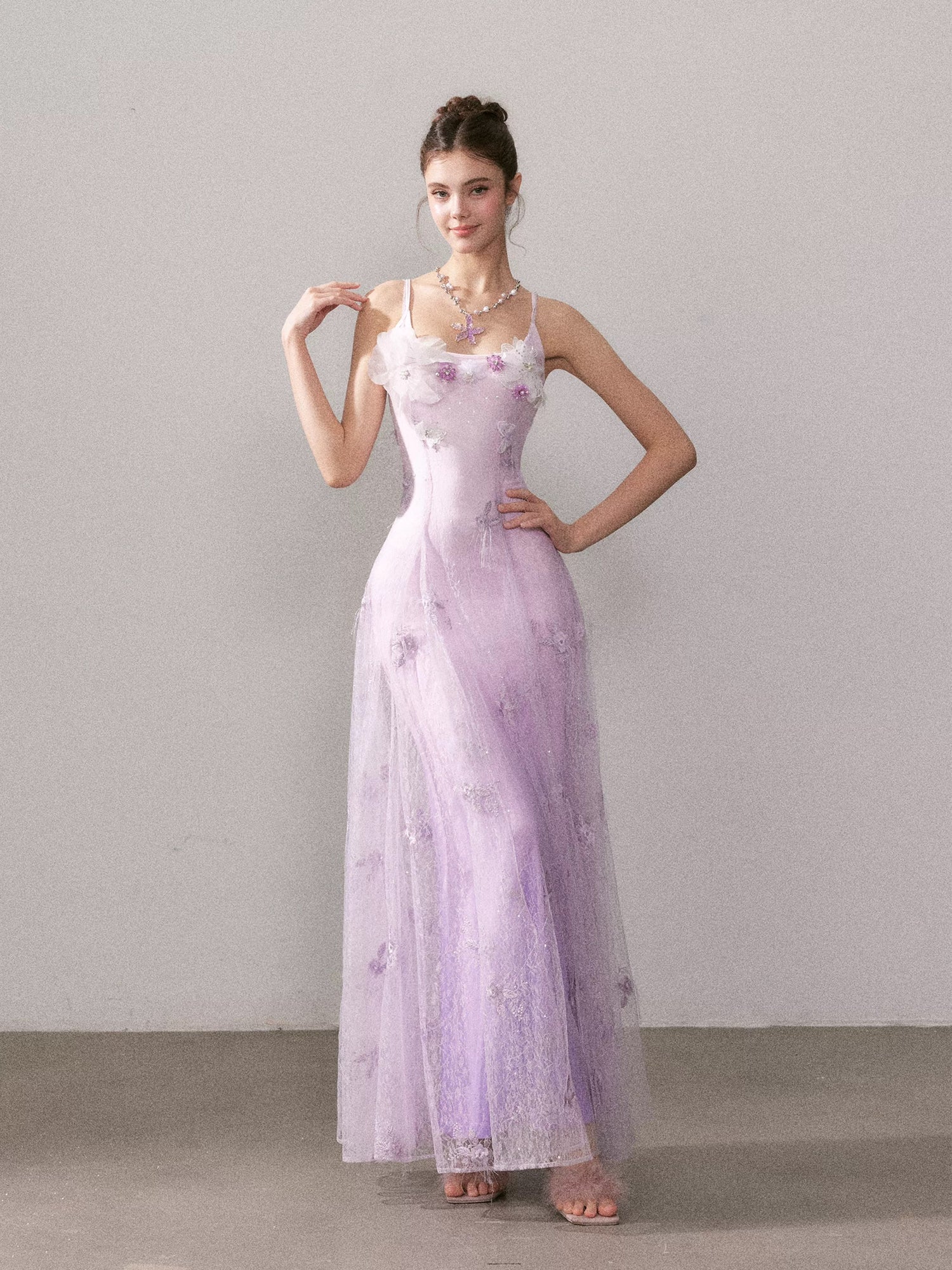 YZZI HE Light purple gradient embroidered lace maxi dress