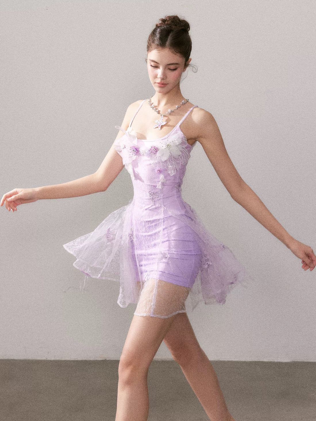 YZZI HE Light purple gradient embroidered lace mini dress