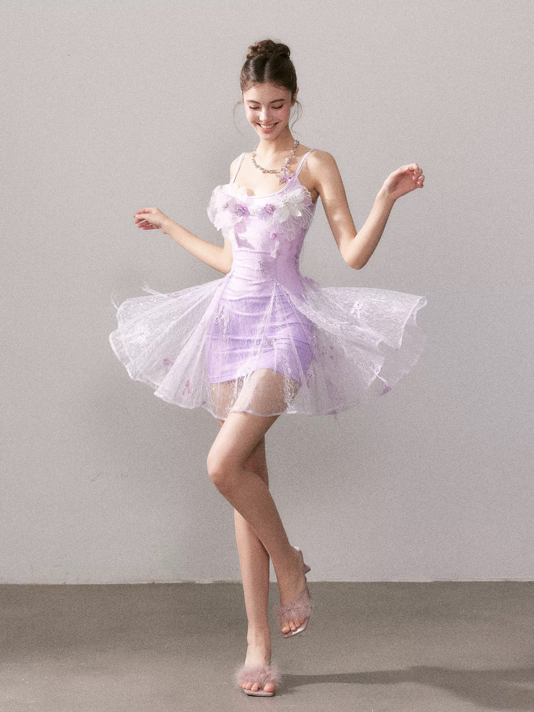 YZZI HE Light purple gradient embroidered lace mini dress
