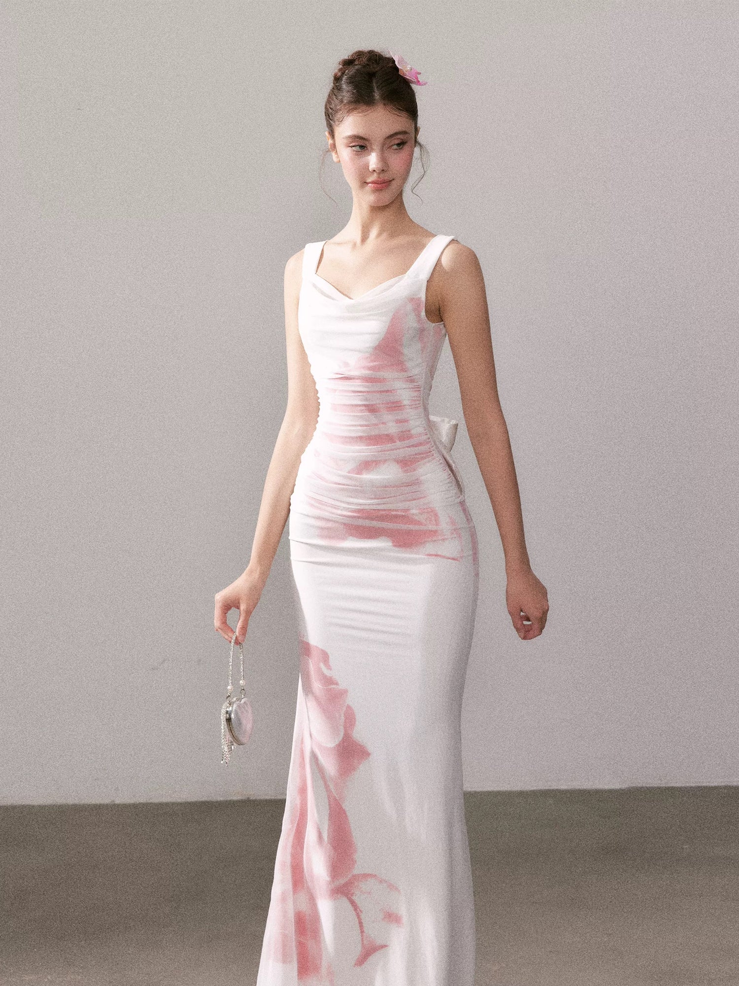 YZZI HE Printed slim fit mesh fishtail maxi dress