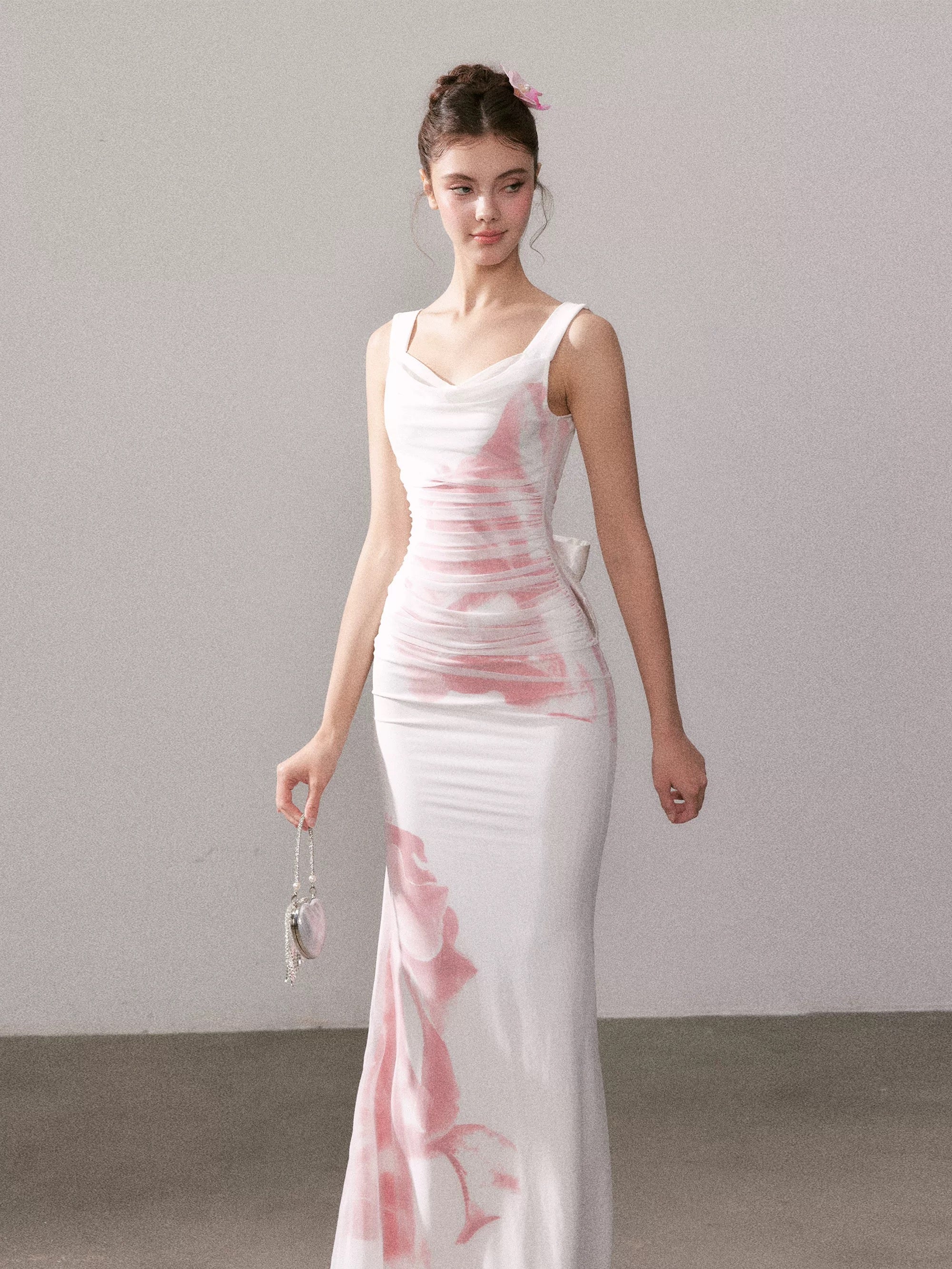 YZZI HE Printed slim fit mesh fishtail maxi dress