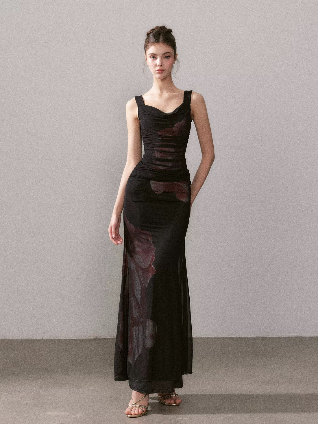 YZZI HE Printed slim fit mesh fishtail maxi dress