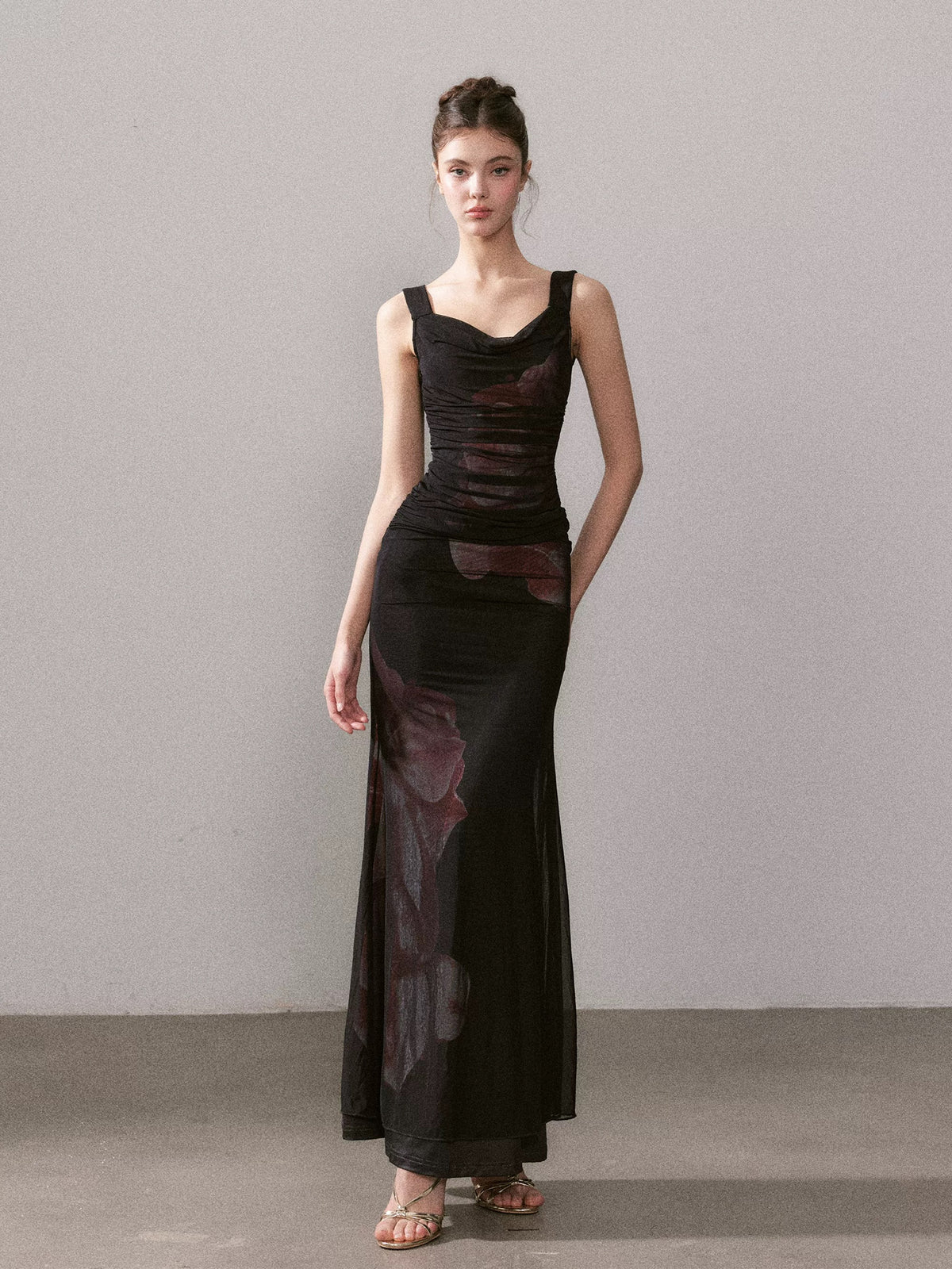 YZZI HE Printed slim fit mesh fishtail maxi dress