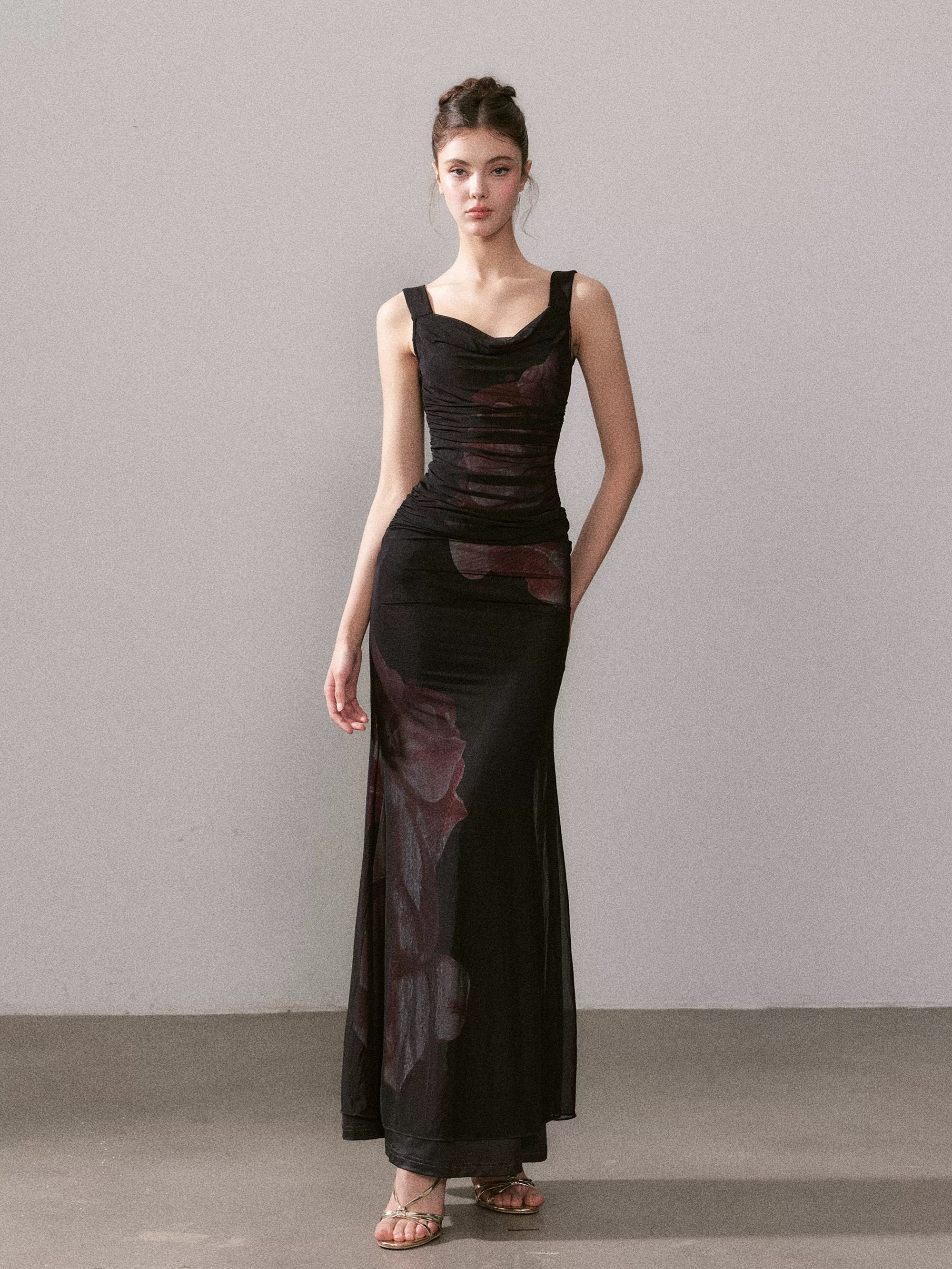 YZZI HE Printed slim fit mesh fishtail maxi dress