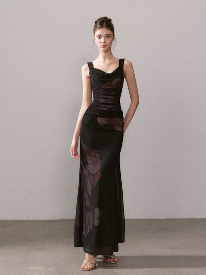 YZZI HE Printed slim fit mesh fishtail maxi dress