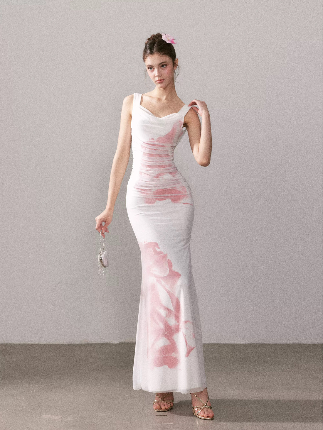 YZZI HE Printed slim fit mesh fishtail maxi dress