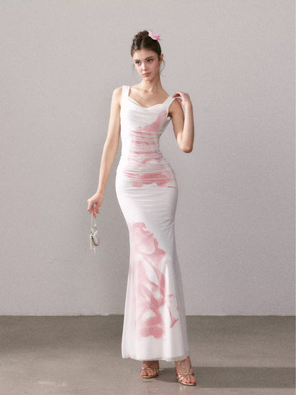 YZZI HE Printed slim fit mesh fishtail maxi dress