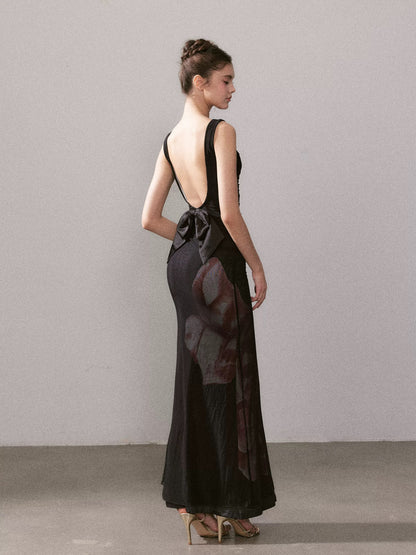 YZZI HE Printed slim fit mesh fishtail maxi dress