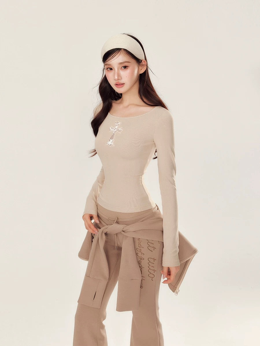 YZZI HE Embroidered hollowed out slim fit long sleeved top