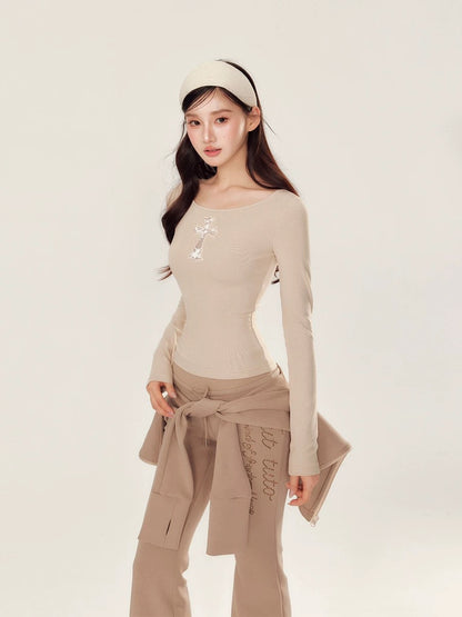 YZZI HE Embroidered hollowed out slim fit long sleeved top