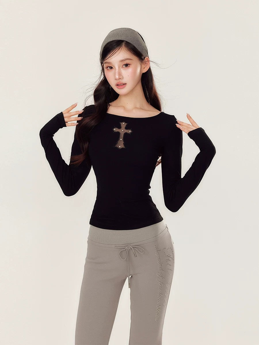 YZZI HE Embroidered hollowed out slim fit long sleeved top