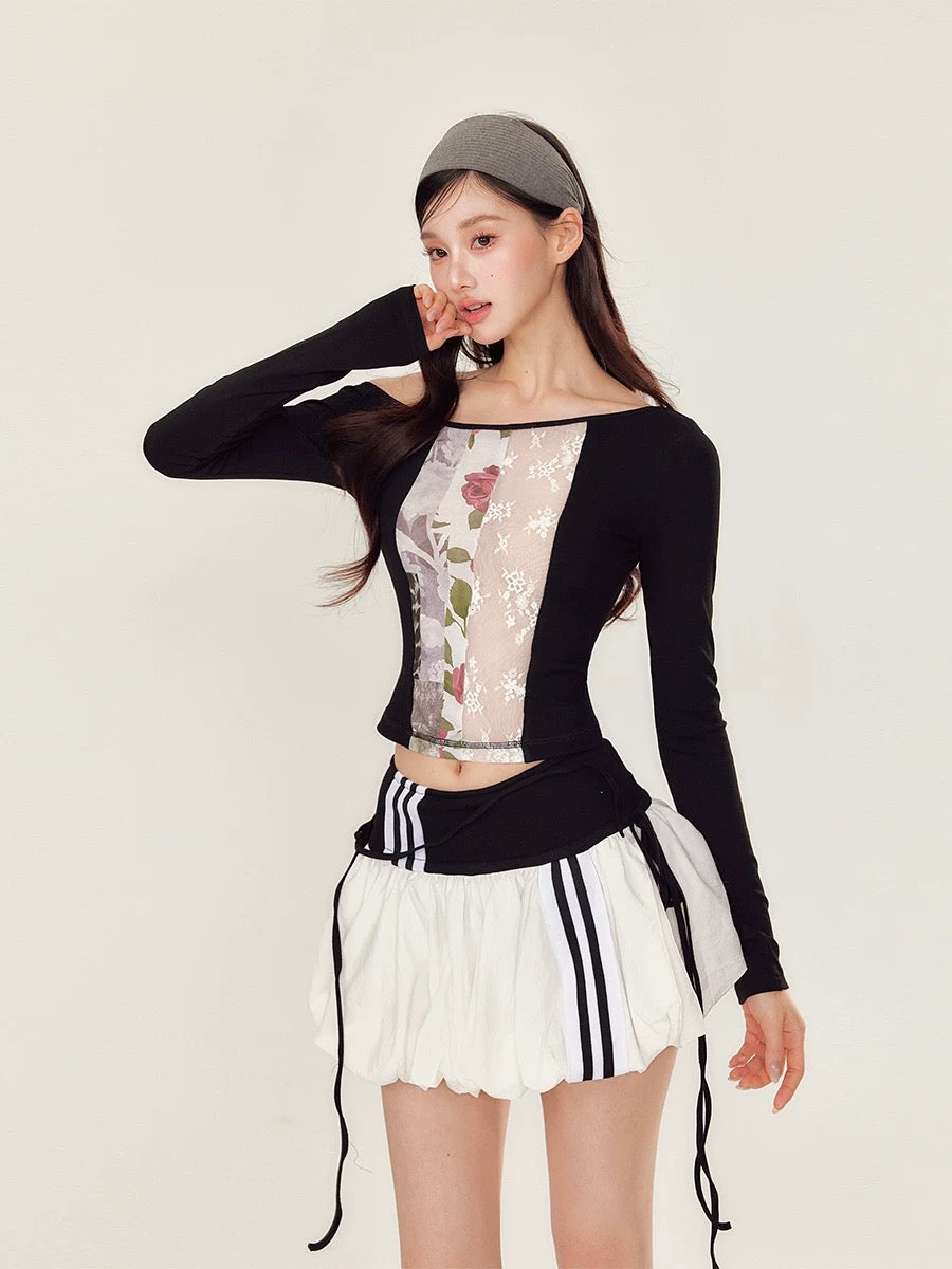 YZZI HE Lace printed off shoulder  T-shirt + puffy skirt set
