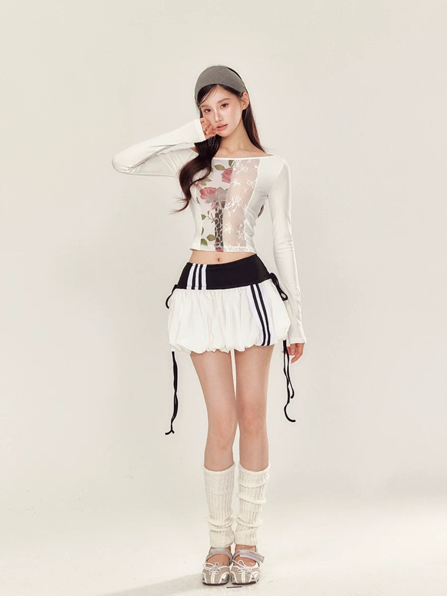 YZZI HE Lace printed off shoulder  T-shirt + puffy skirt set