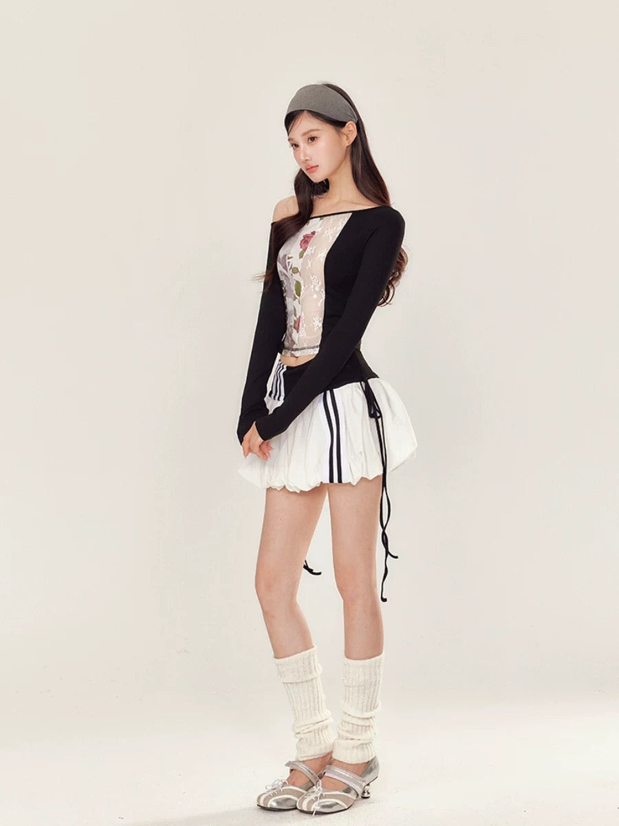 YZZI HE Lace printed off shoulder  T-shirt + puffy skirt set
