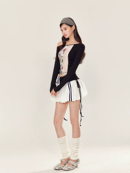 YZZI HE Lace printed off shoulder  T-shirt + puffy skirt set