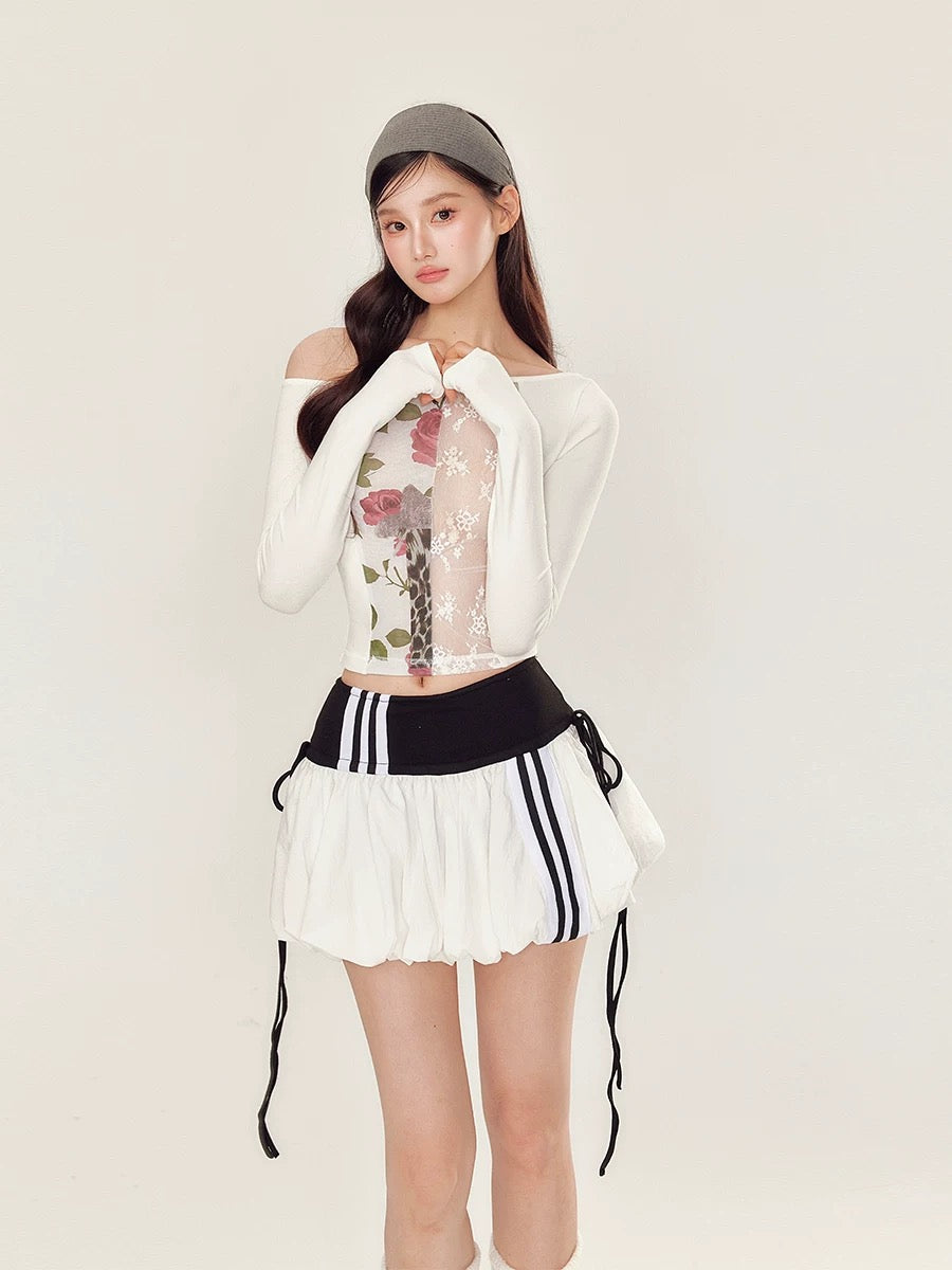 YZZI HE Lace printed off shoulder  T-shirt + puffy skirt set