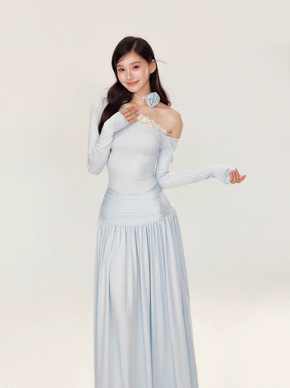 YZZI HE Off shoulder pleated long sleeved dress