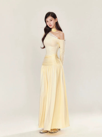 YZZI HE Off shoulder pleated long sleeved dress