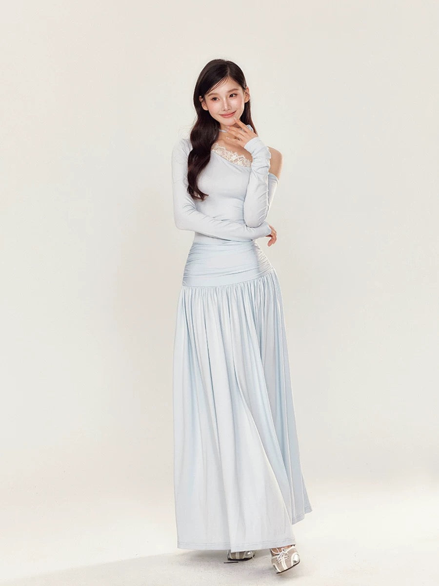 YZZI HE Off shoulder pleated long sleeved dress