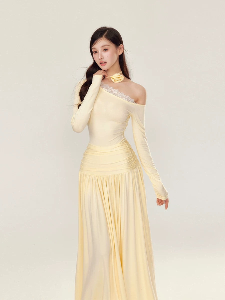 YZZI HE Off shoulder pleated long sleeved dress