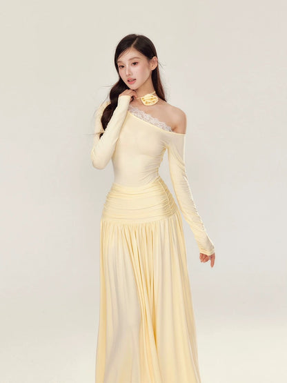 YZZI HE Off shoulder pleated long sleeved dress