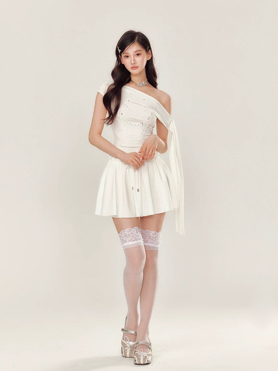 YZZI HE Slanted shoulder pearl hot stamping dress