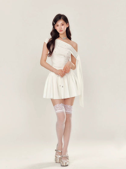YZZI HE Slanted shoulder pearl hot stamping dress