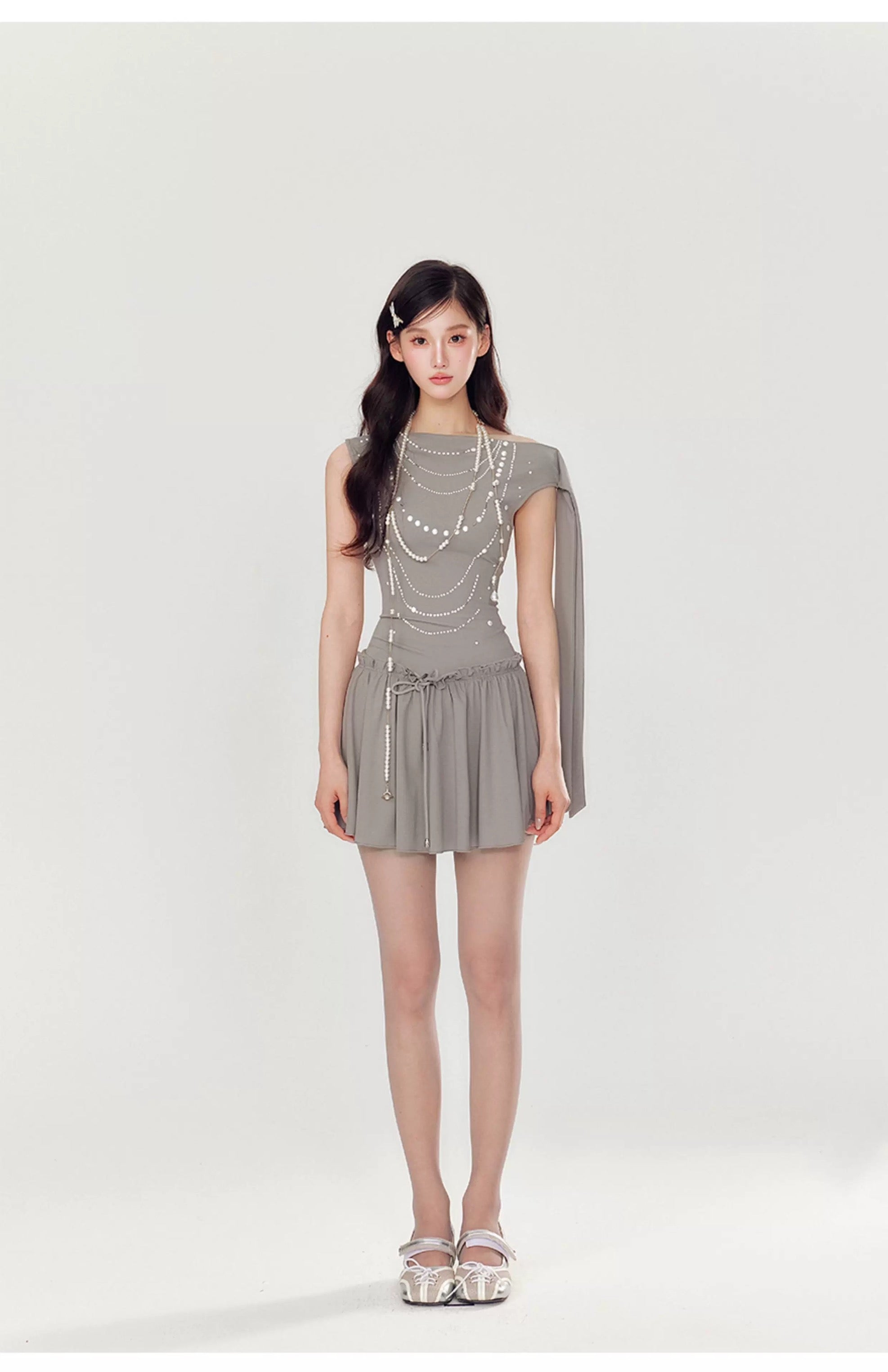 YZZI HE Slanted shoulder pearl hot stamping dress
