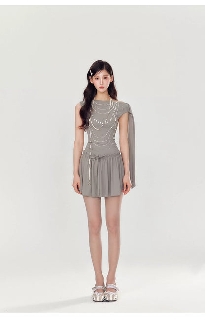 YZZI HE Slanted shoulder pearl hot stamping dress
