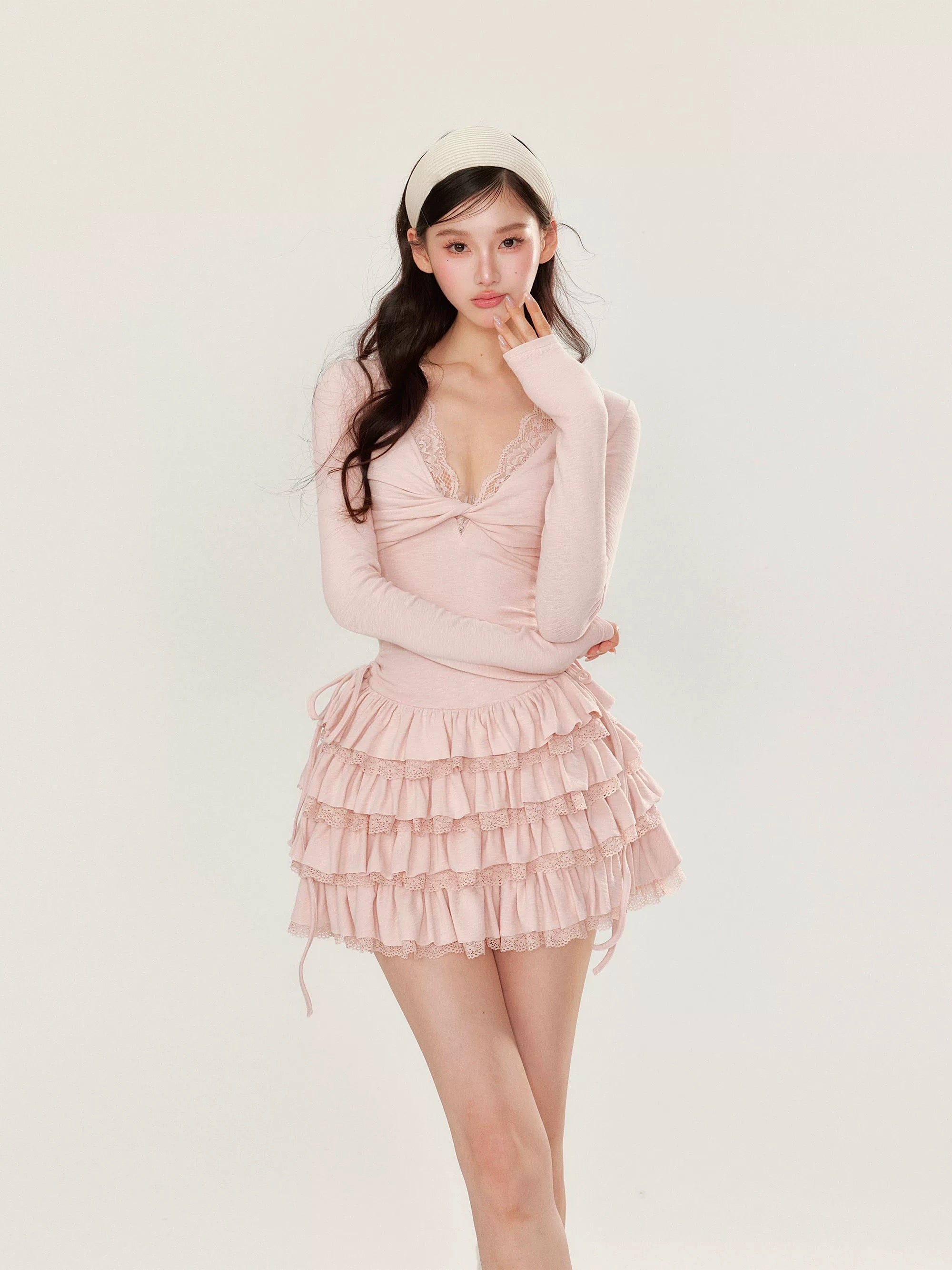 YZZI HE Casual V-neck waist cinched cake dress
