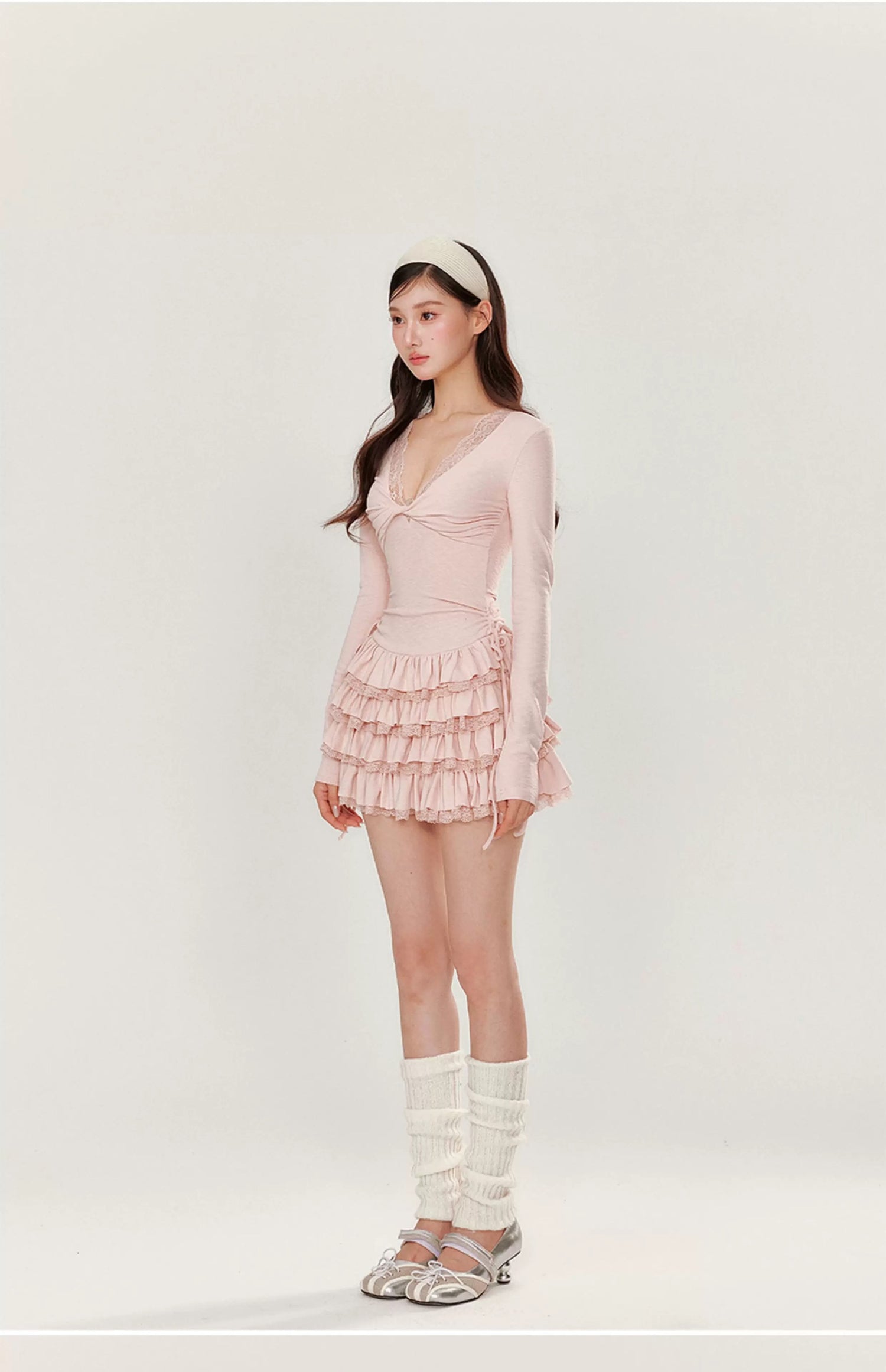 YZZI HE Casual V-neck waist cinched cake dress
