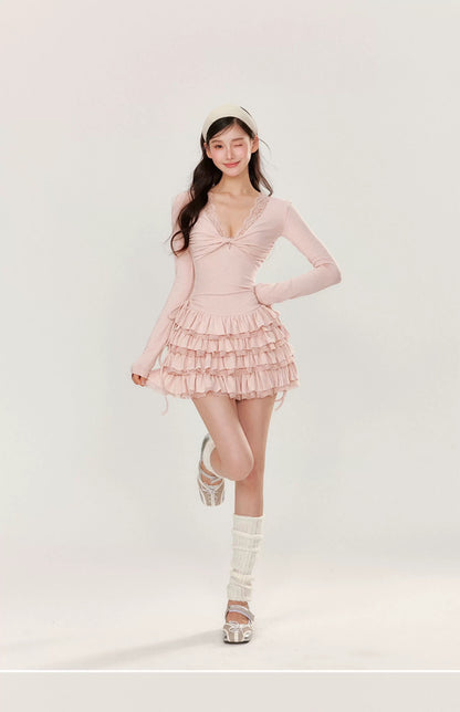 YZZI HE Casual V-neck waist cinched cake dress