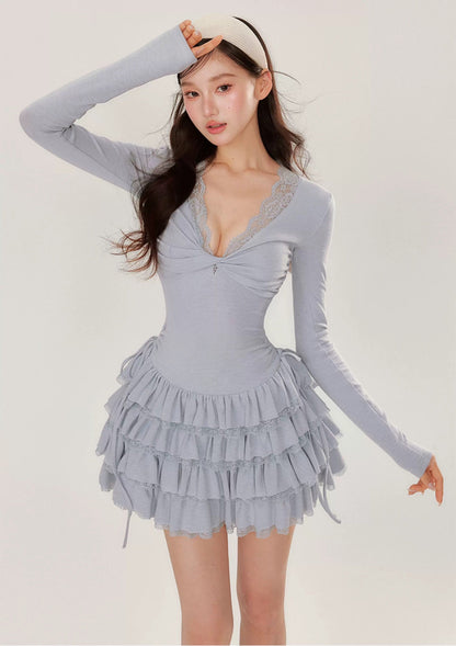 YZZI HE Casual V-neck waist cinched cake dress