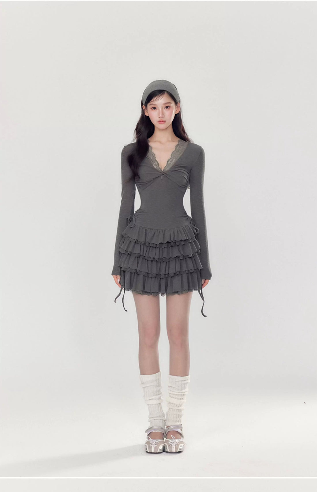 YZZI HE Casual V-neck waist cinched cake dress