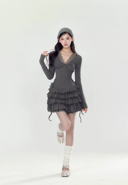 YZZI HE Casual V-neck waist cinched cake dress