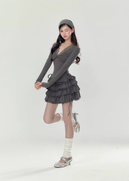 YZZI HE Casual V-neck waist cinched cake dress