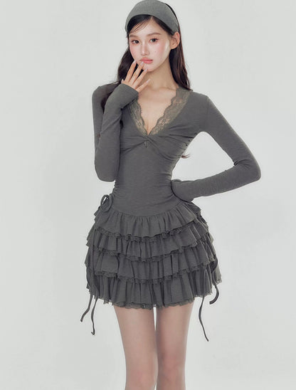 YZZI HE Casual V-neck waist cinched cake dress
